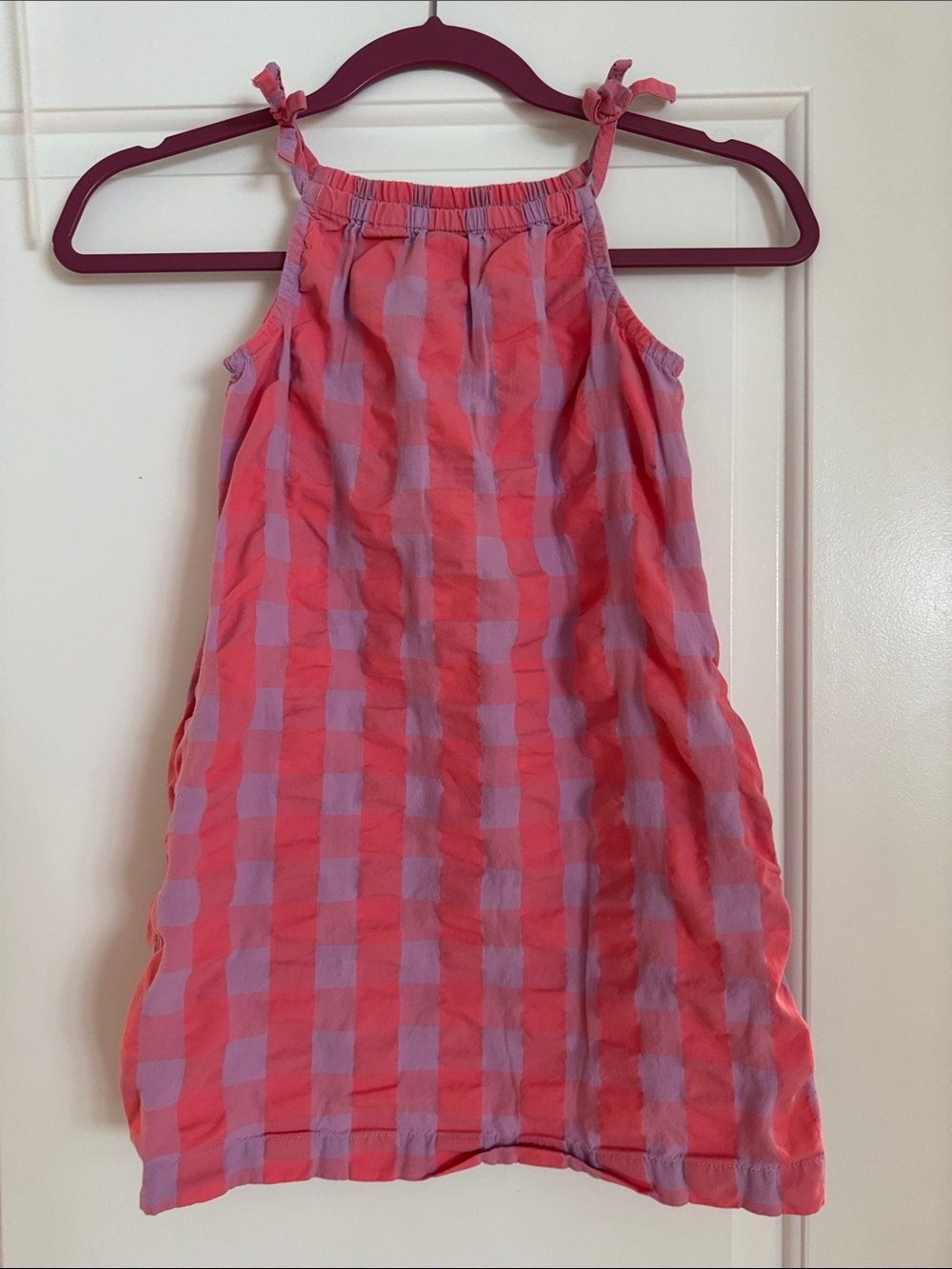 Hanna Andersson Coral Pink & Lavender Check Tie-Shoulder Dress